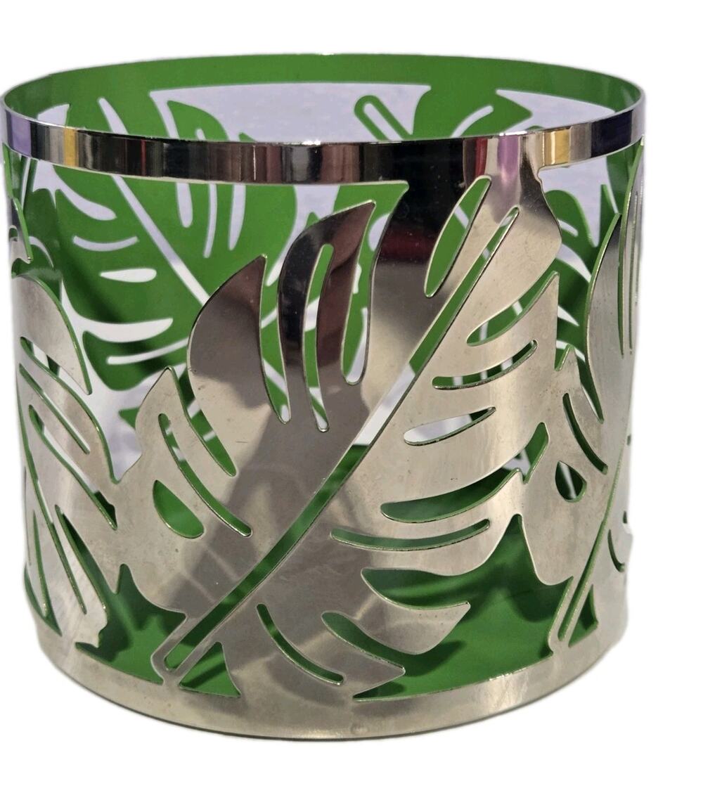 Bath And Body Works Candle Holder Silver/Green Tropical Palm Leaf